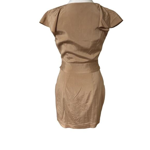 Y2K BEBE SILK RUFFLE TIE KHAKI TAN ZIP UP DRESS SMALL - Picture 6 of 7